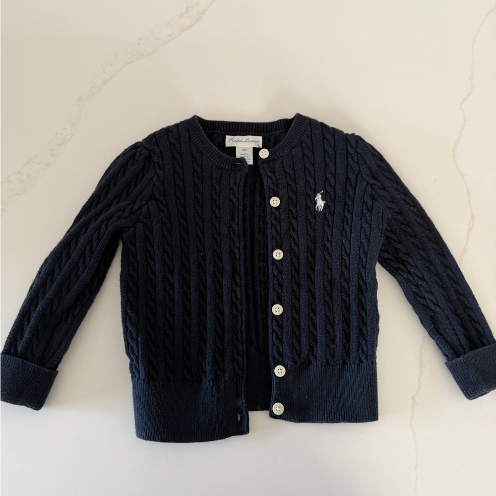 Ralph Lauren Navy Cable Knit Cardigan with White Logo